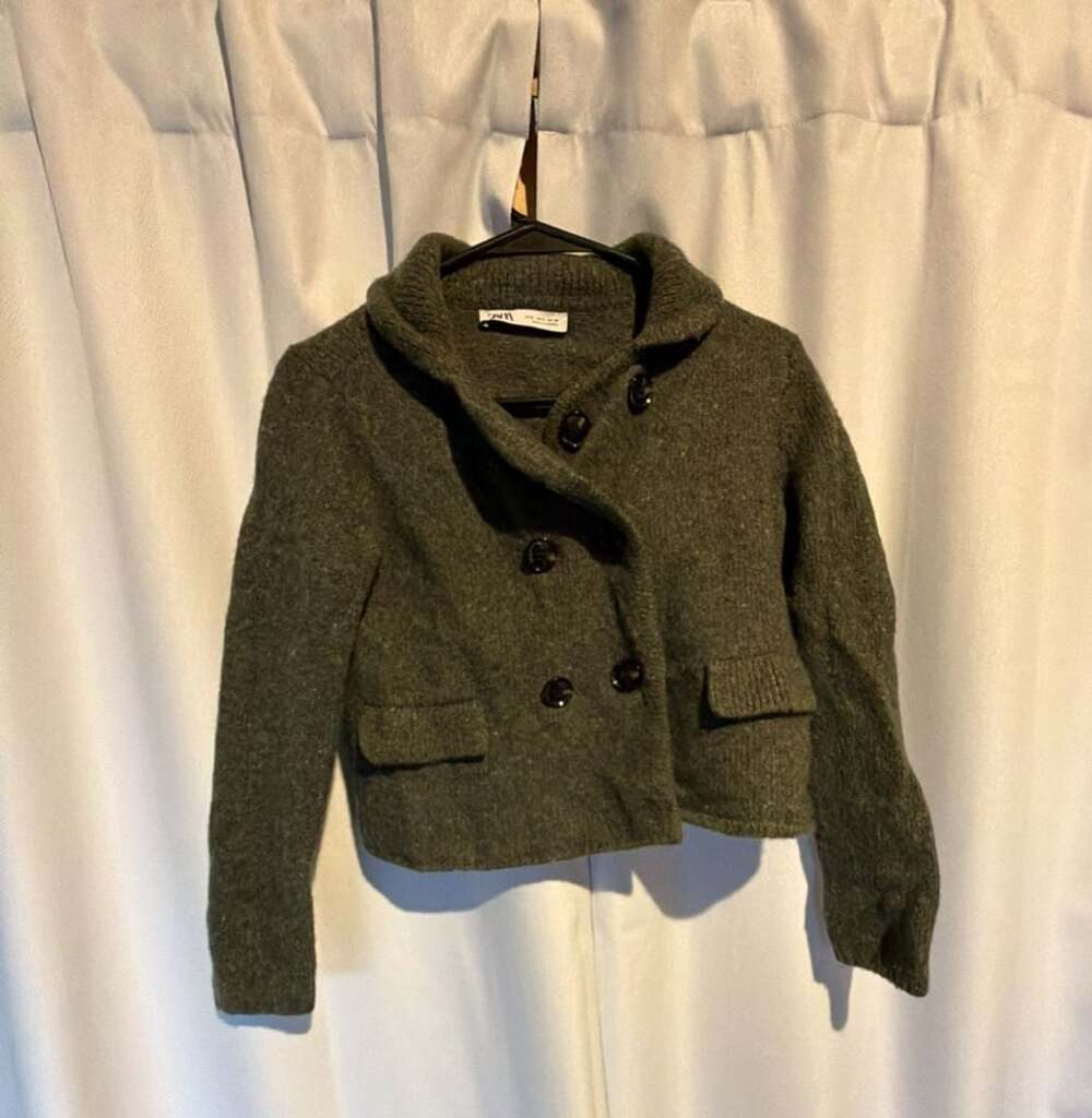 Zara Wool Blend Double Breasted Cropped Cardigan Jacket Size S Green